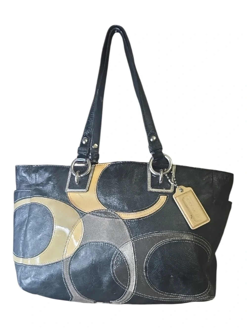 COACH Black Grey Leather Inlaid Tote Shoulder Bag